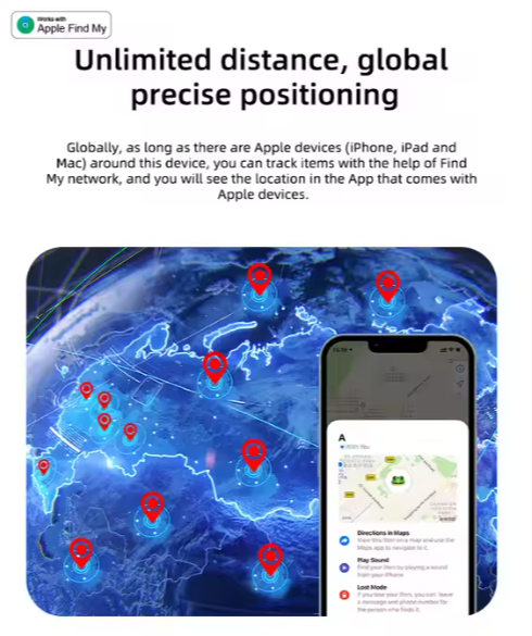 Map with red markers and smartphone displaying app interface on a blue globe background, promoting Apple Find My service.