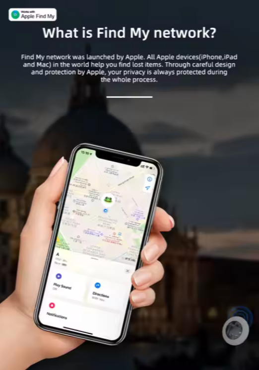Hand holding a smartphone displaying the 'Find My' app with a blurred background