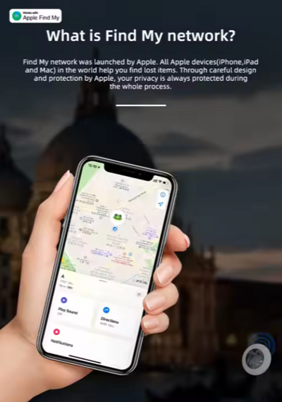 Hand holding a smartphone displaying the 'Find My' app with a blurred background